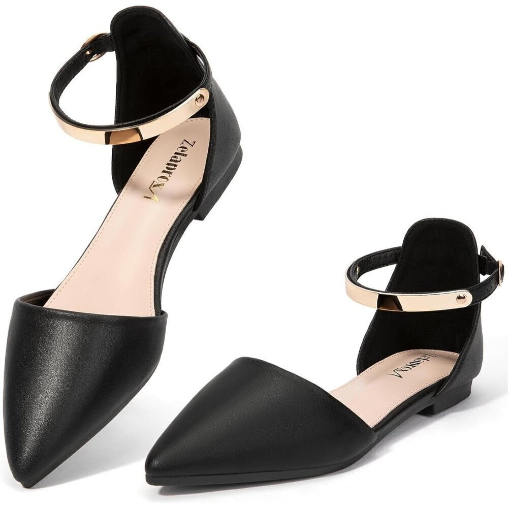 🆕Women Black Pu Faux Leather Rhinestone Pointed Toe Dressy Flat Bow Ballet Shoe